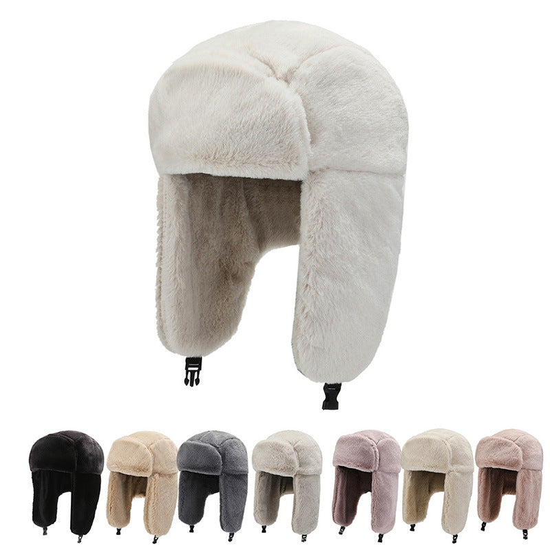 Collection of fur-trimmed hats in various colors on a white background