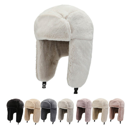 Collection of fur-trimmed hats in various colors on a white background