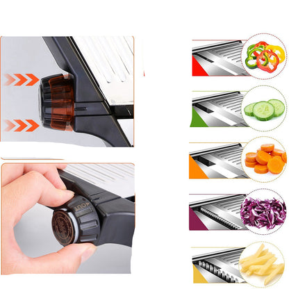 Adjustable build-in blades with slicing and juliening capabilities for vegetables.