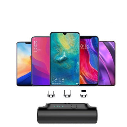 Set of smartphones with colorful displays and a black charging block on a white background.