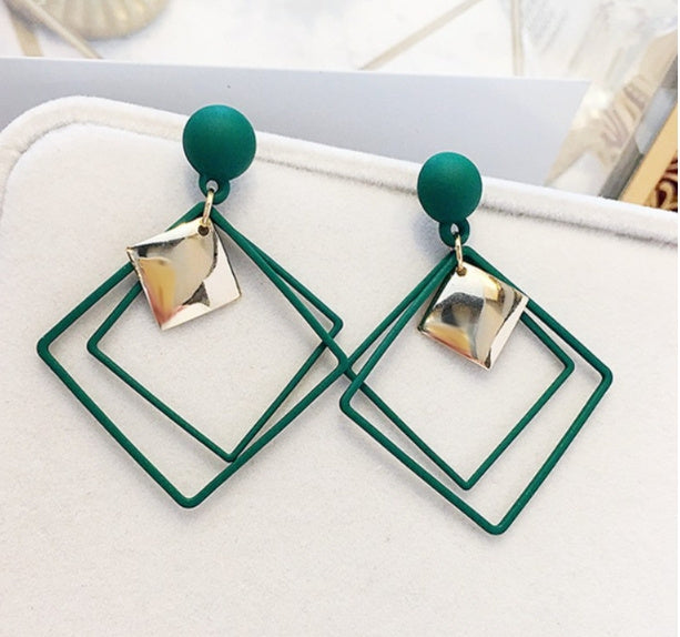 Exaggeration Frosted Square Double Layer Long Drop Earrings