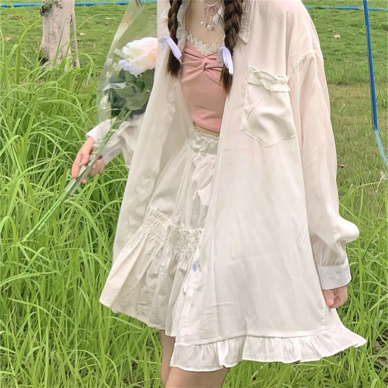 Japanese Soft Girl Wear Mid-length Shirt Ruffle Loose Loose Cardigan Sun Protection Shirt Jacket Female Summer Thin Section