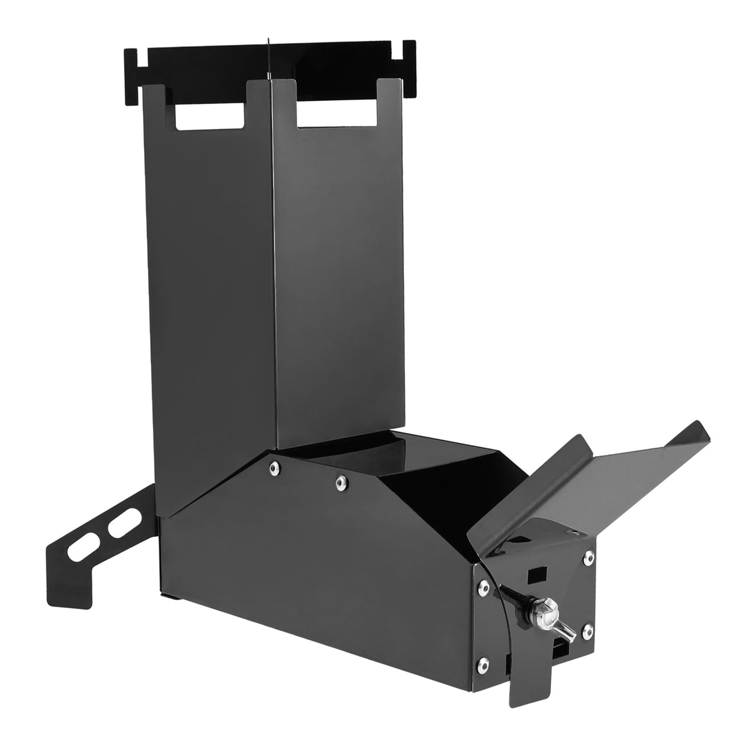 Black metal bracket or support structure on a white background
