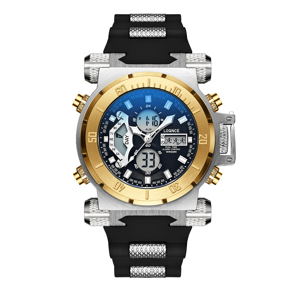 Luxury watch with black strap, gold and silver accents on a white background
