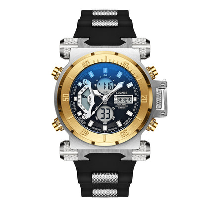 Luxury watch with black strap, gold and silver accents on a white background