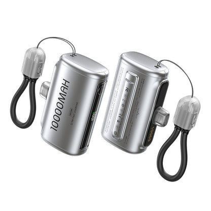 Two metallic power banks with charging cables on a white background