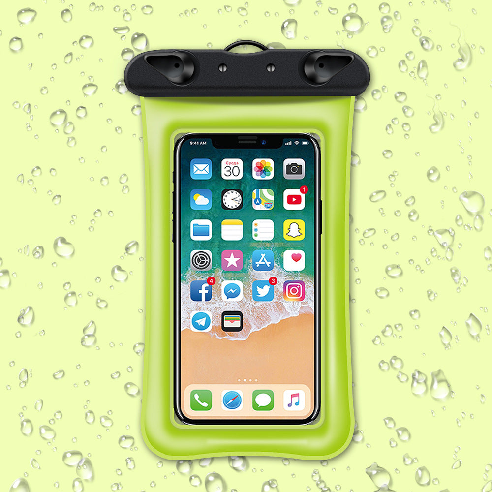 Green waterproof phone case with a smartphone inside on a light green background with water droplets.