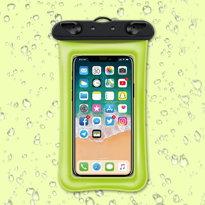 Green waterproof phone case with a smartphone inside on a light green background with water droplets.