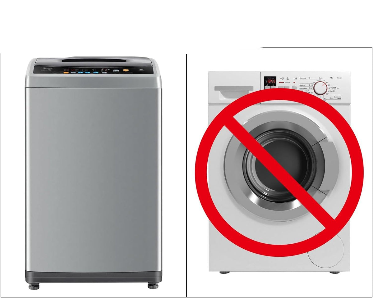 Washing machine with a caution label indicating it is not suitable for front-loading drum washing machines.