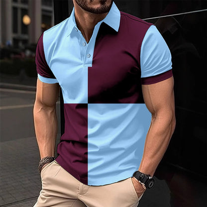 Casual Sports Short Sleeve Color Stitching Turnover Neck Polo Shirt for Men