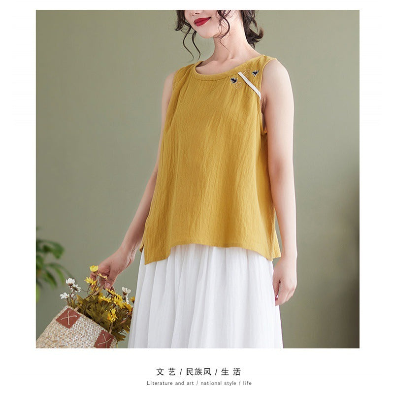 Cotton Linen Vest Female Artistic Embroidery Outer Wear Inner Wear