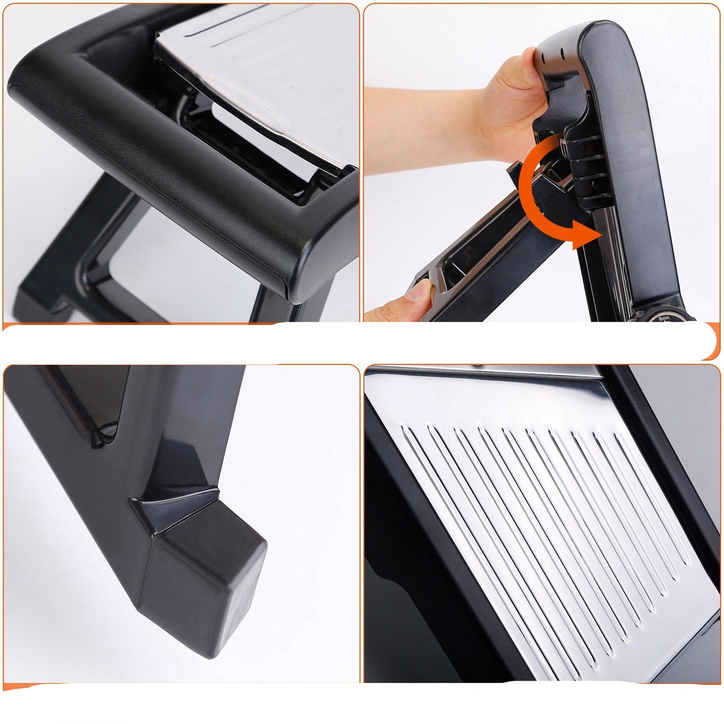 Collage of a kitchen slicer with features highlighted on a white background