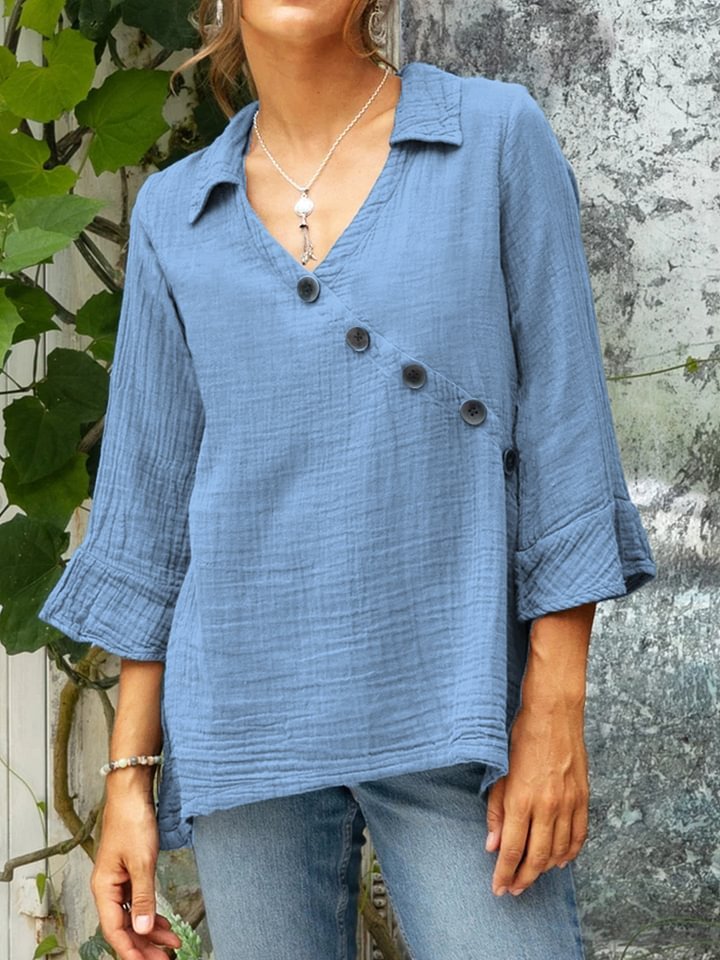 Women's Cotton And Linen Button V-neck Shirt Top