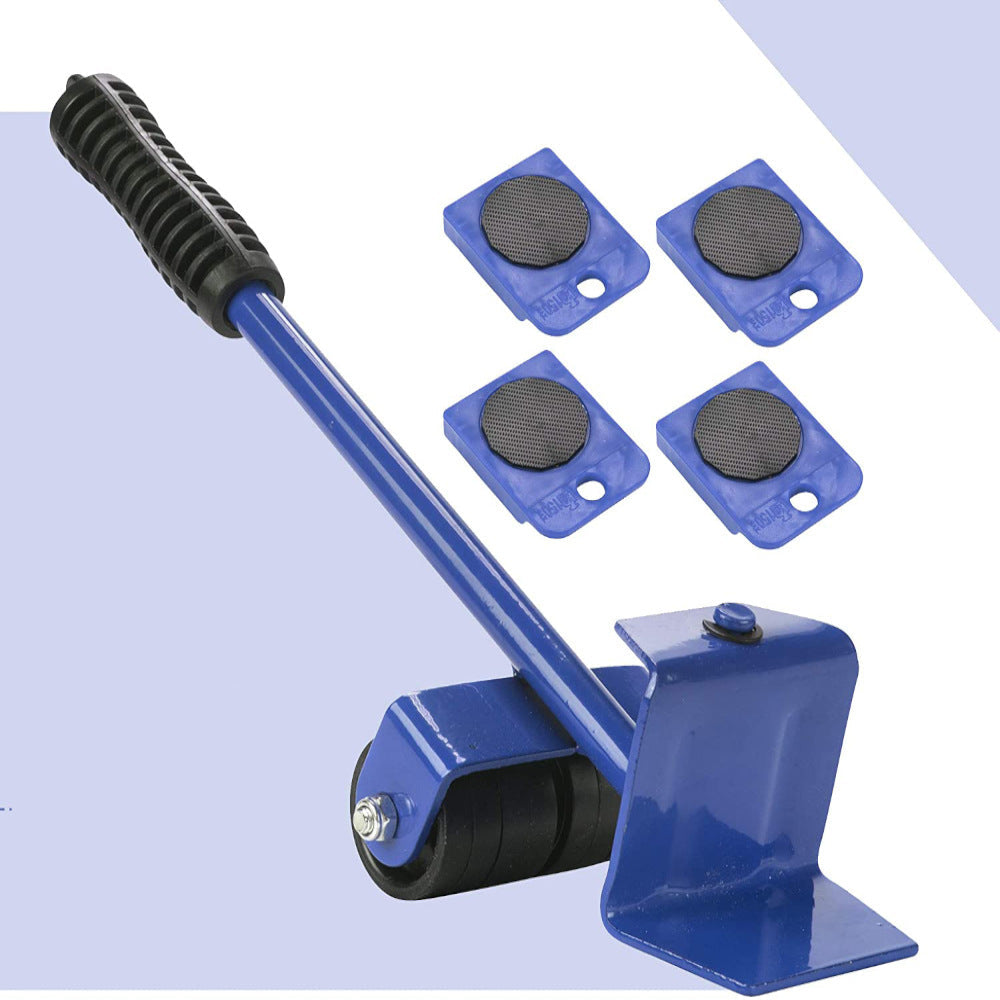 Blue furniture mover with rotatable pads on a light purple background