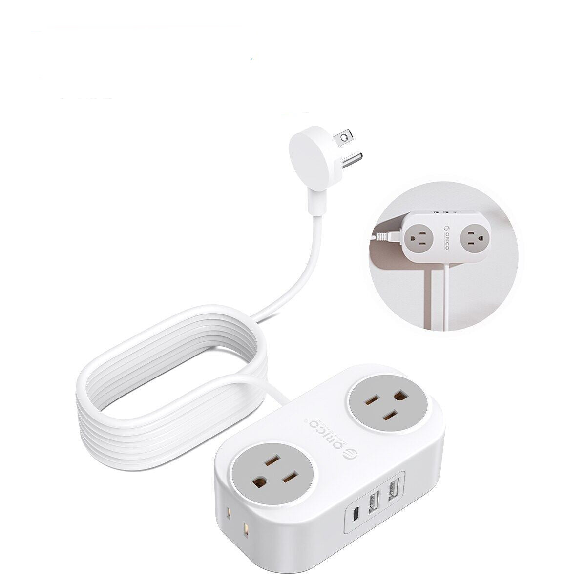 7-in-1 white extension cord with outlets and USB ports on a white background