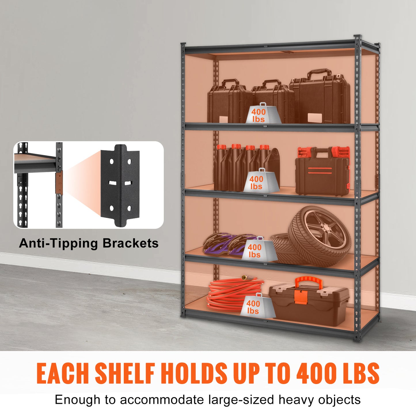 VEVOR Storage Shelving Unit, 5-Tier Adjustable, 2000 Lbs Capacity, Heavy Duty Garage Shelves Metal Organizer Utility Rack, Black,  For Kitchen Pantry Basement Bathroom Laundry