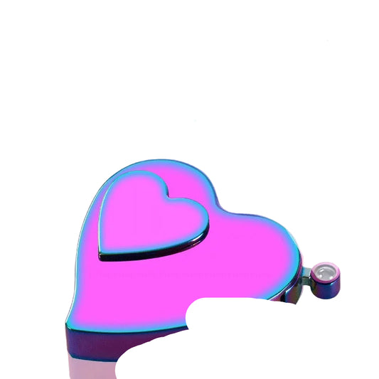 Heart-shaped decorative metal lighter with text on a pink background