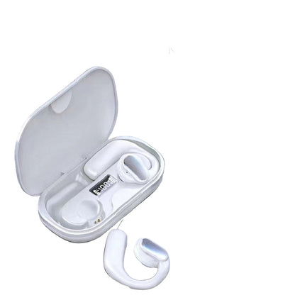 White wireless earbuds with charging case on a gray background with feature text.