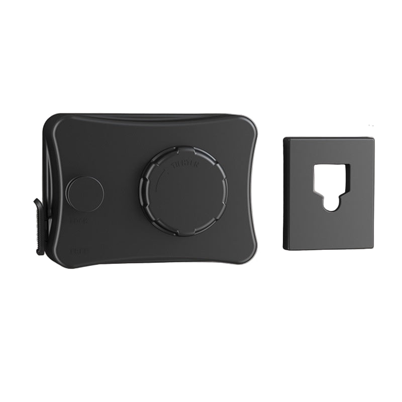 Black metal clip with dimensions and features on a gray background