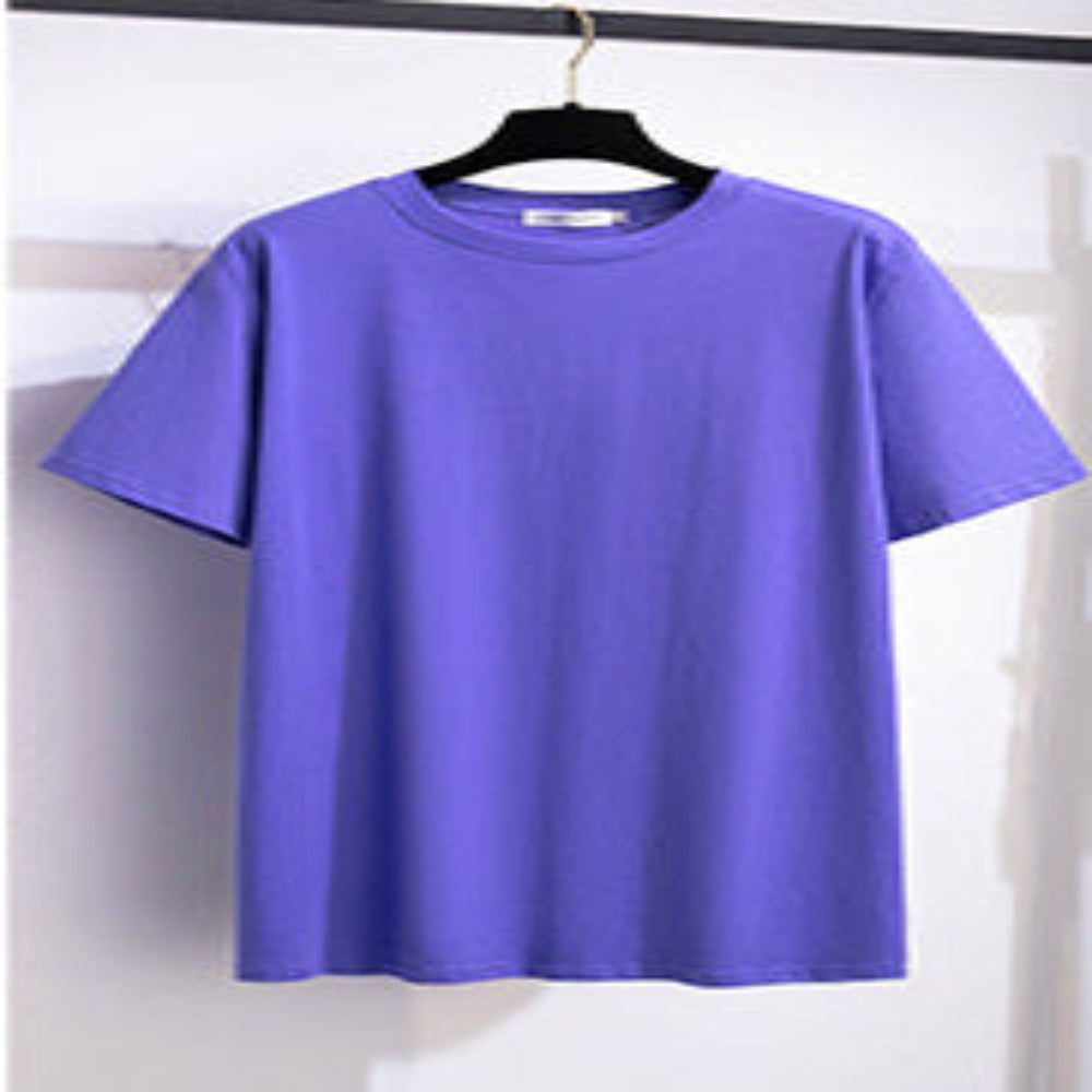 A selection of short-sleeved t-shirts in various solid colors, displayed on hangers in a row.