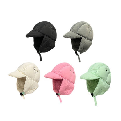 Five colorful winter hats with ear flaps on a white background