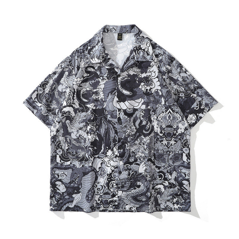 A short-sleeved chemical fiber shirt featuring a black and white floral pattern with a lapel collar.