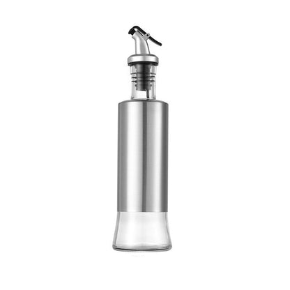 Stainless steel oil bottle with measurements on a white background