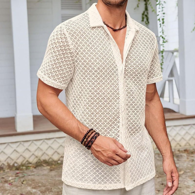 Man wearing a textured beige shirt outdoors