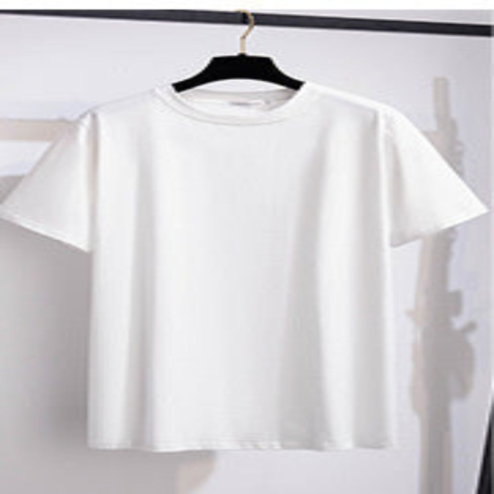 A selection of short-sleeved t-shirts in various solid colors, displayed on hangers in a row.