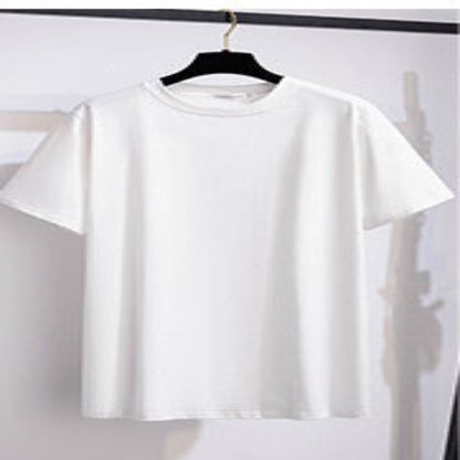 A selection of short-sleeved t-shirts in various solid colors, displayed on hangers in a row.