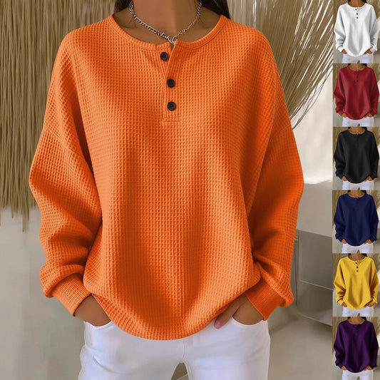 Ins Waffle Long-Sleeved T-Shirt- Fashion Solid Color Buttons Round Neck Pullover Top