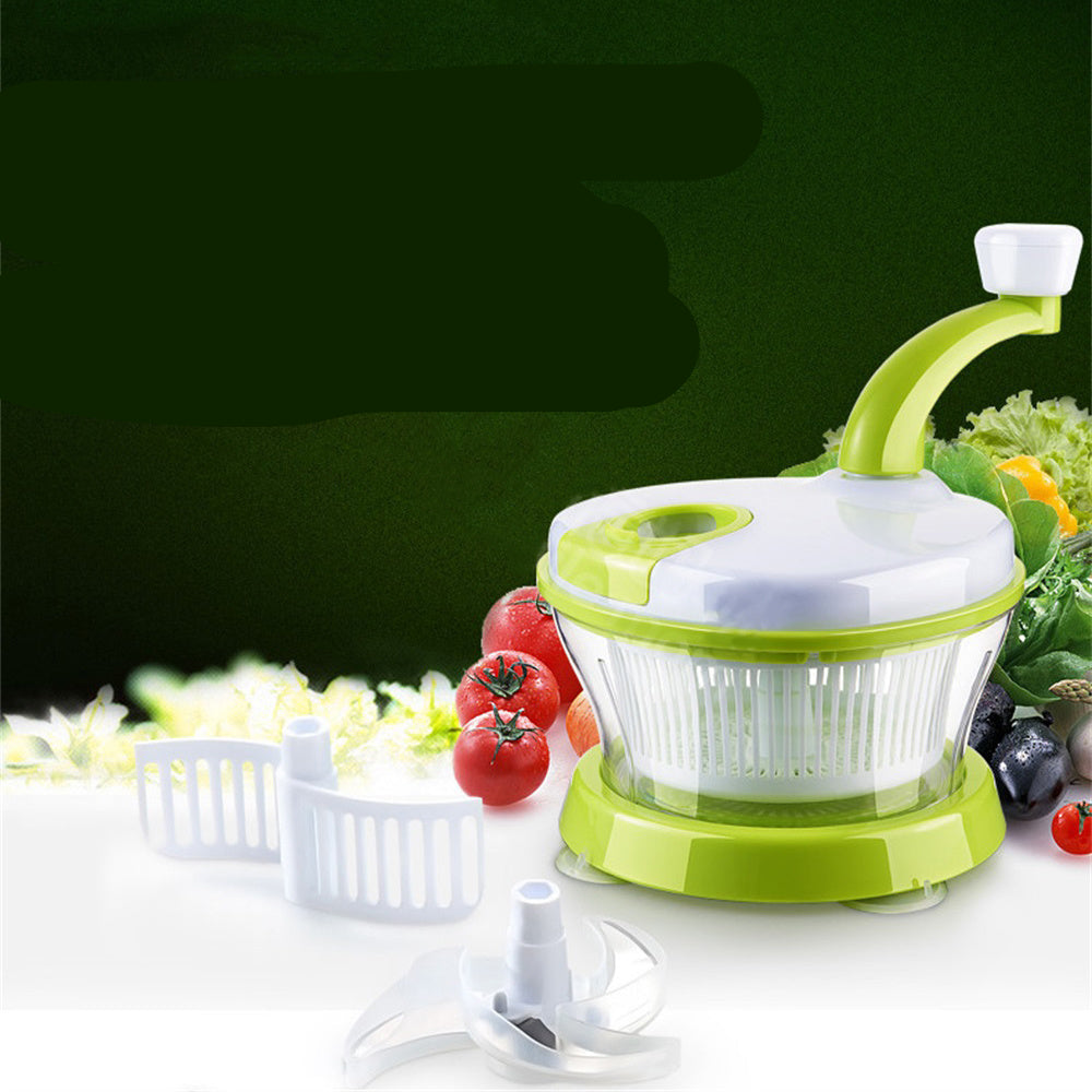 Multifunctional food processor with vegetables on a green background