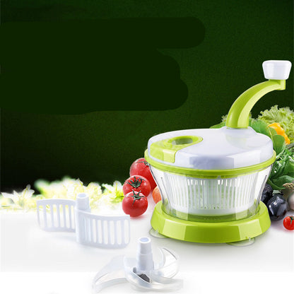 Multifunctional food processor with vegetables on a green background