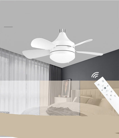 Ceiling fan with light fixture and remote control, showing three light color options in a bedroom setting.