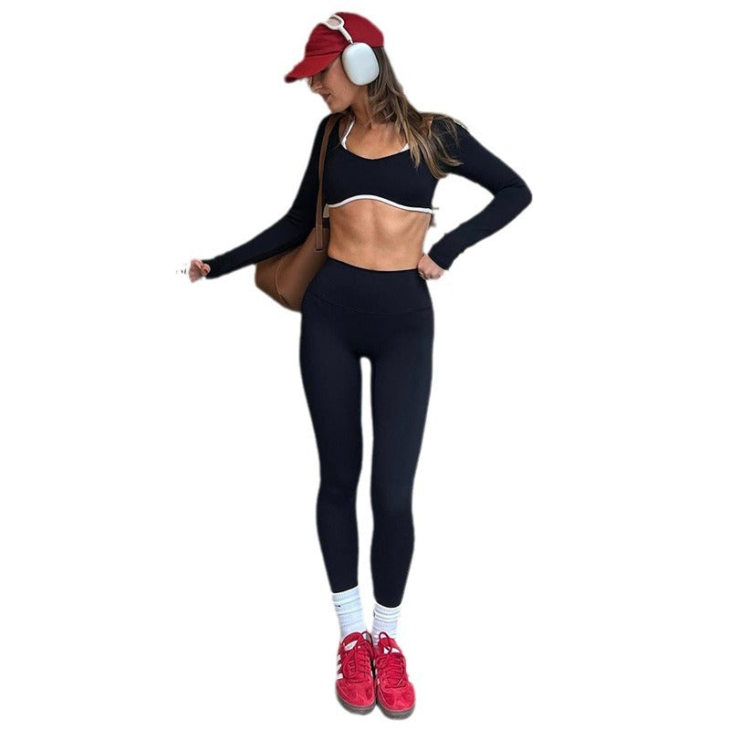Solid Color Knitted Letter Body-Hugging Suit - Long Sleeve Top & High Waist Leggings Set