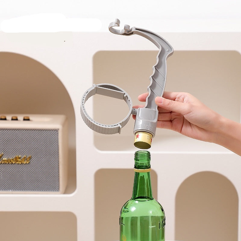 Bottle opener being used on a green bottle with text indicating multiple uses.
