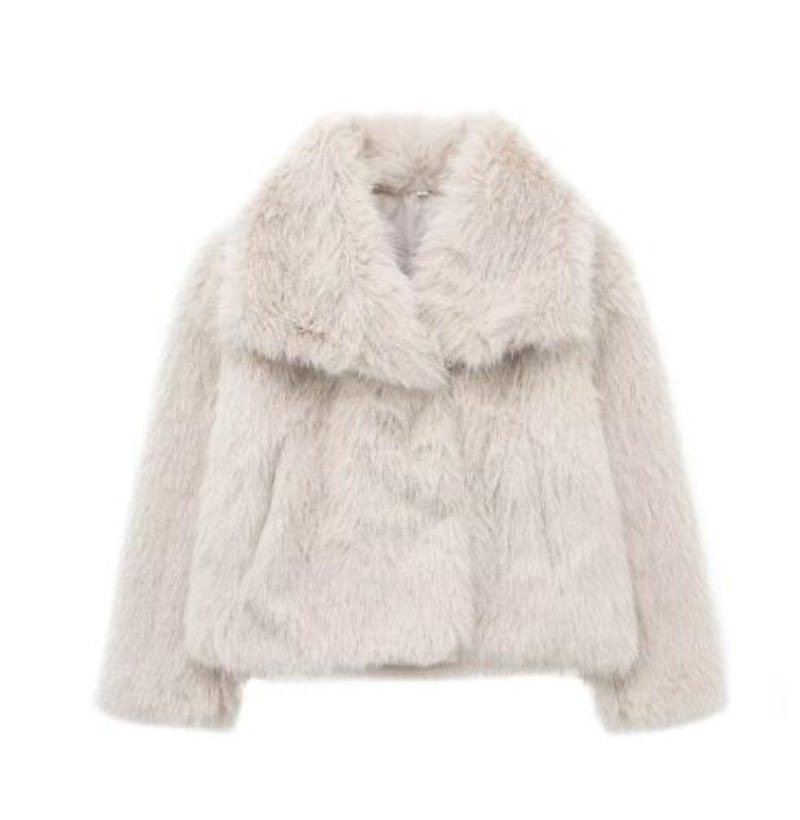 Light gray faux fur jacket on a white background