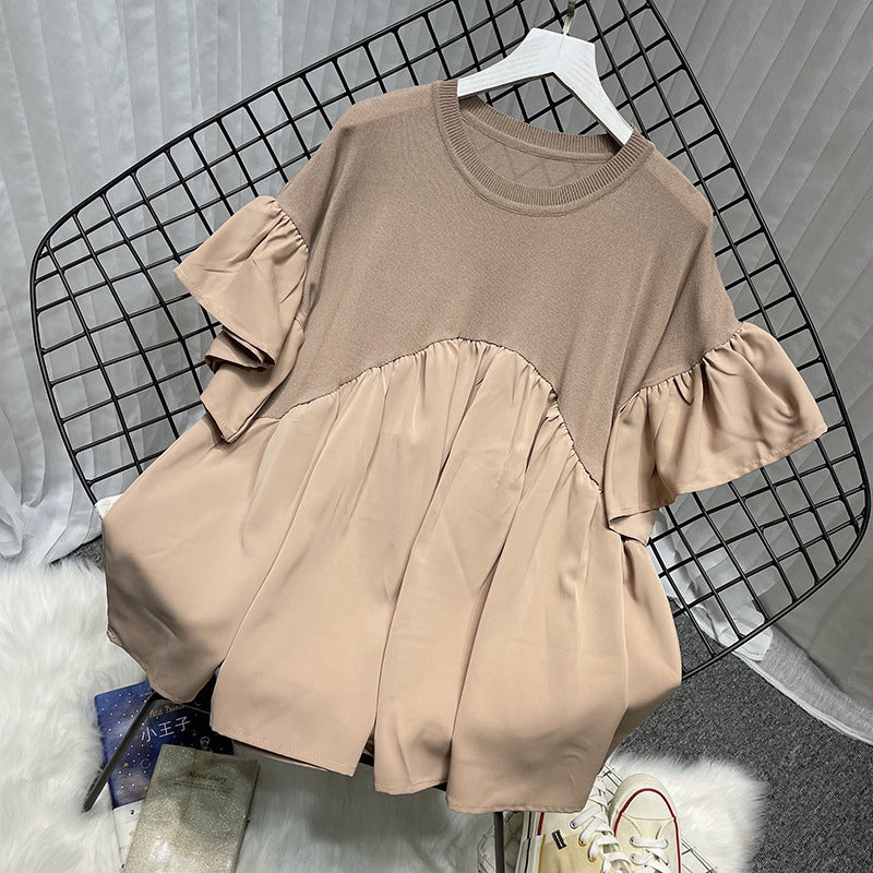 Extra Large Bell Sleeve Chiffon Stitching Ice Silk Knitted Top