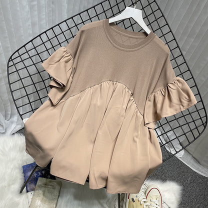 Extra Large Bell Sleeve Chiffon Stitching Ice Silk Knitted Top
