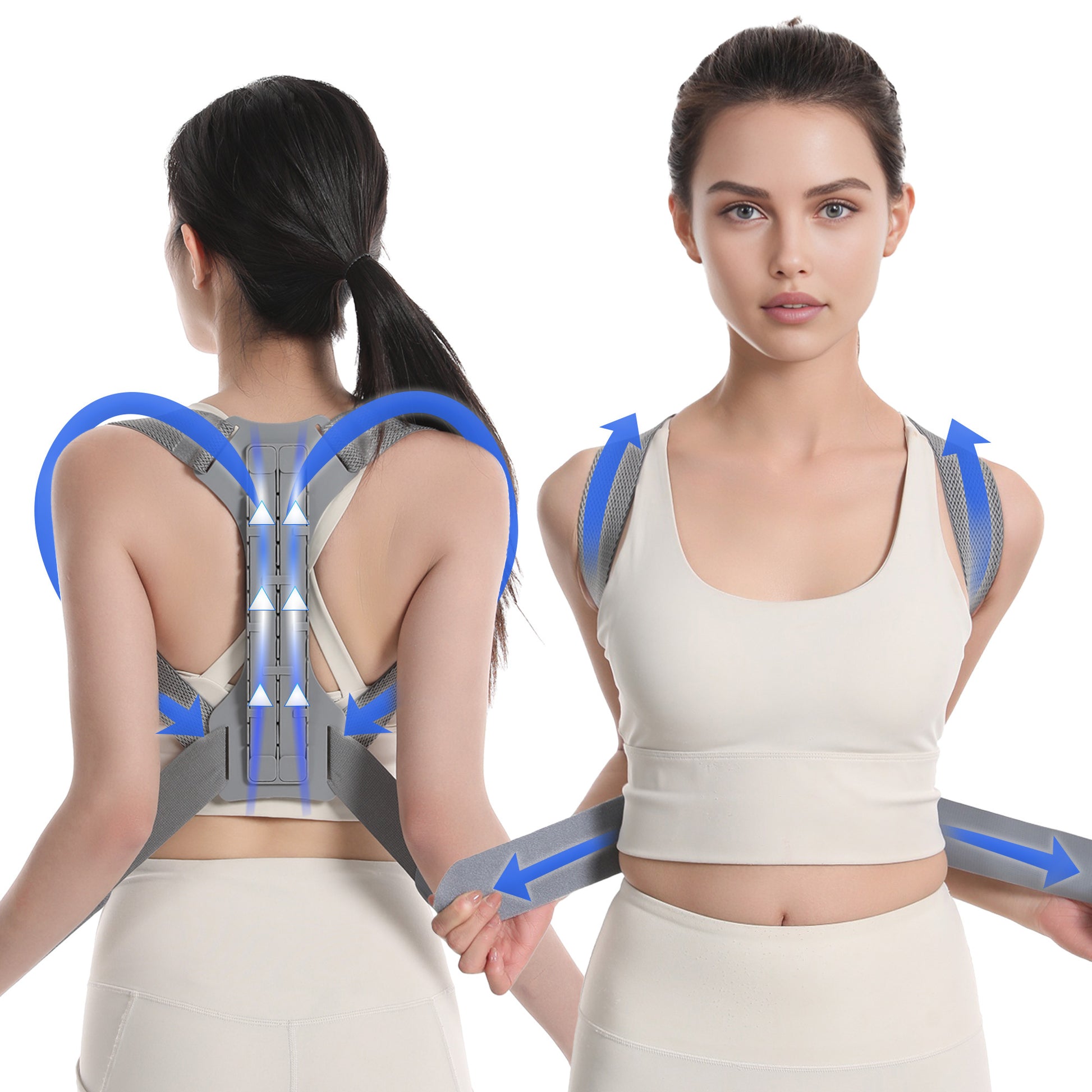 Woman wearing a back brace with blue and gray straps on a white background