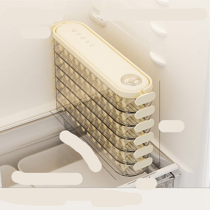 Dumpling storage box with six floors in a cream color, showing dimensions and material details.