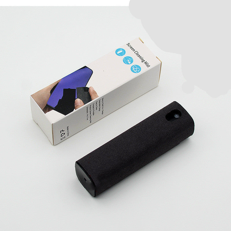 An advertisement showing a 2-in-1 screen cleaner with a spray bottle and a built-in microfiber wipe, being used to clean a smartphone screen.
