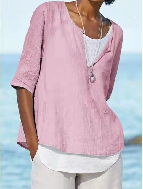 2025 Spring And Summer V-neck Solid Color Cotton And Hemp Medium Sleeve Women's Shirt