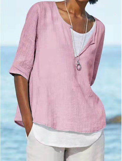 2025 Spring And Summer V-neck Solid Color Cotton And Hemp Medium Sleeve Women's Shirt