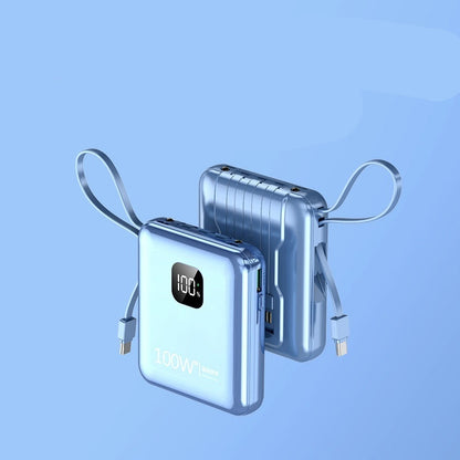 Power bank with '100W super fast charge' text on a blue background