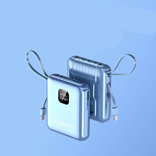 Power bank with '100W super fast charge' text on a blue background