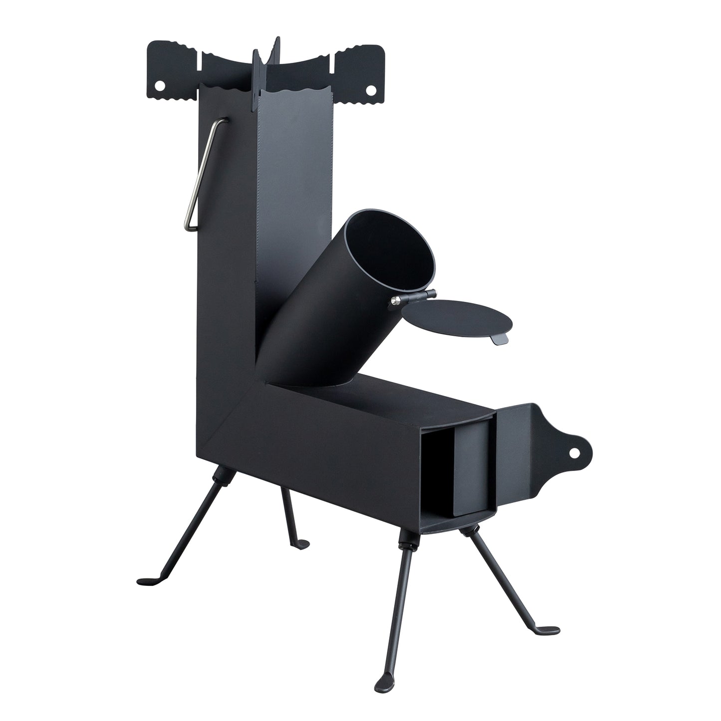 Black metal outdoor stove on a white background