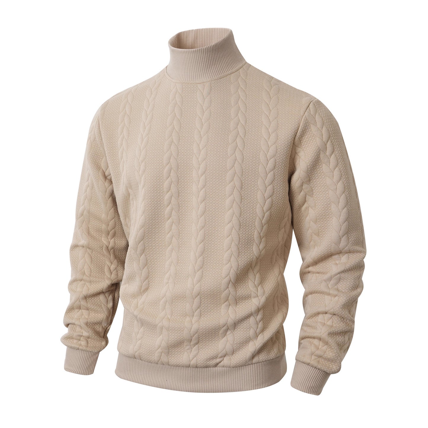 Beige cable knit sweater on a white background