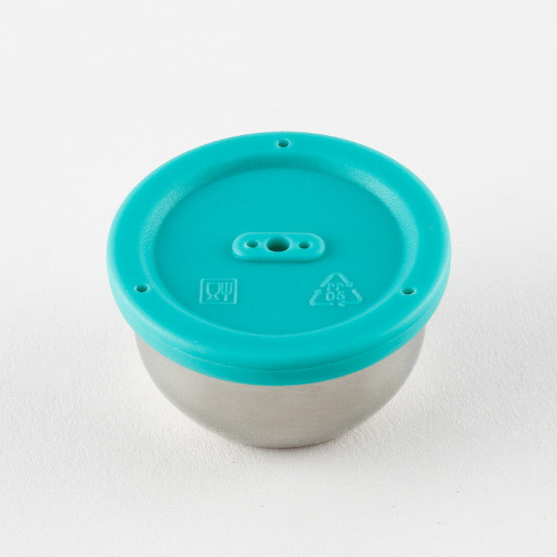 Turquoise lid on a metallic container with recycling symbols on a white background