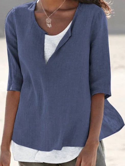 2025 Spring And Summer V-neck Solid Color Cotton And Hemp Medium Sleeve Women's Shirt